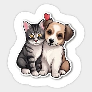 Adorable Puppy and Kitten Friendship Illustration Sticker